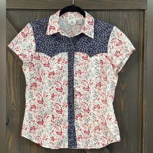 Angel Ranch Western Pearl Snap Button Down Rodeo Red White & Blue Shirt Size Med